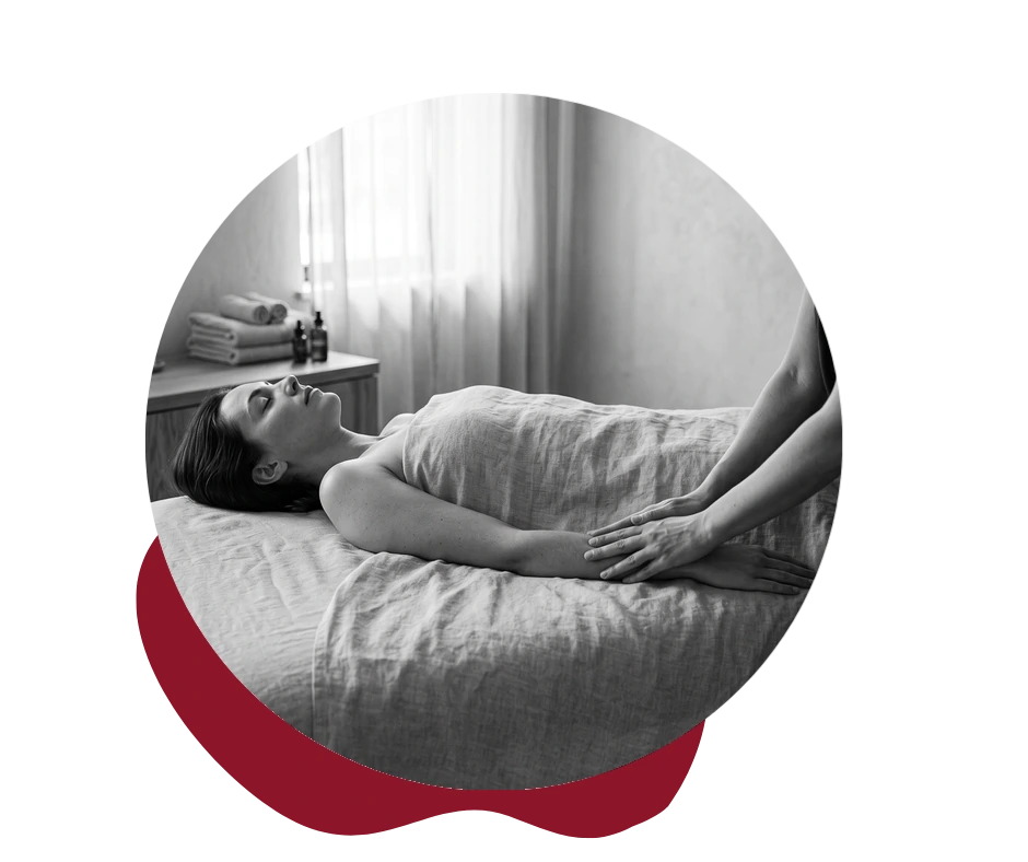 Femme allongée recevant un massage intuitif bien-être sur table
